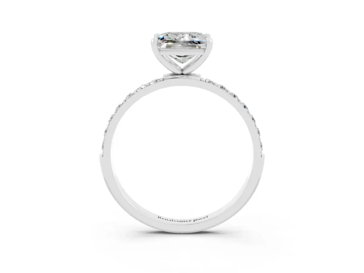 Princess Cut Moissanite Solitaire Ring with Round Pavé Band and Prong Setting Silver