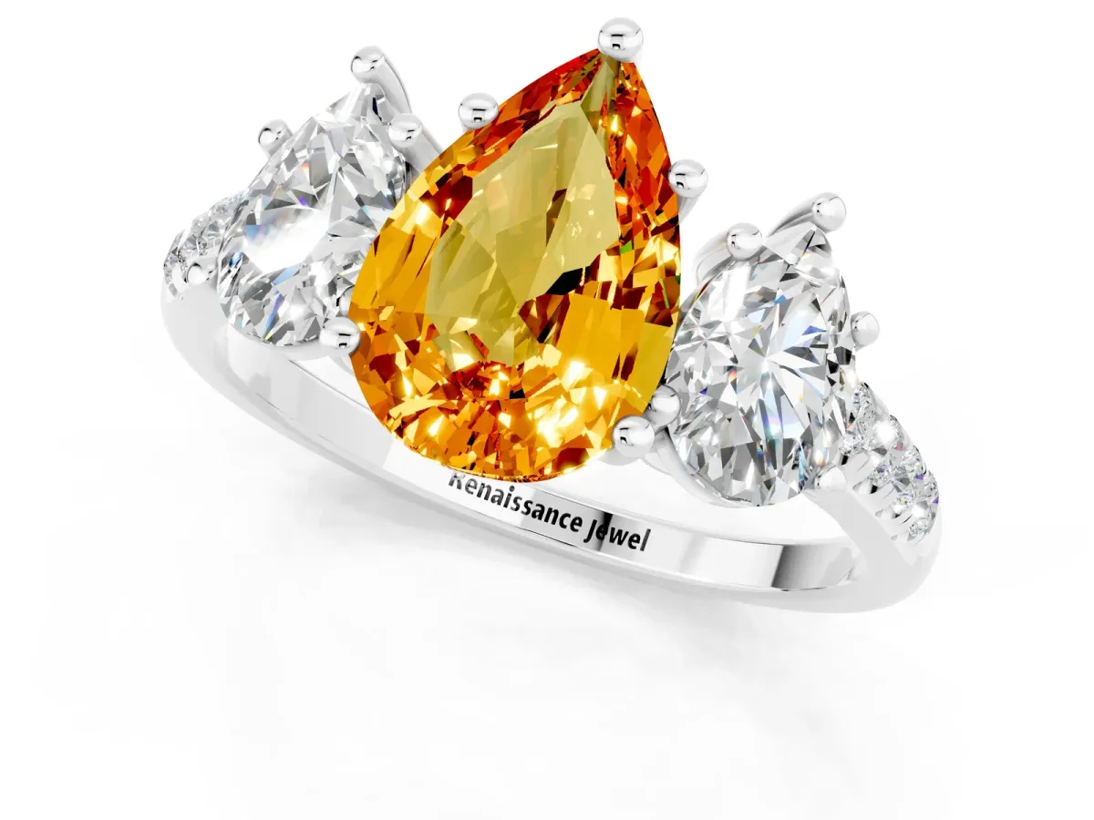Three-Stone Pear Cut Citrine Ring with Round Pavé Band and Prong Setting Platinum
