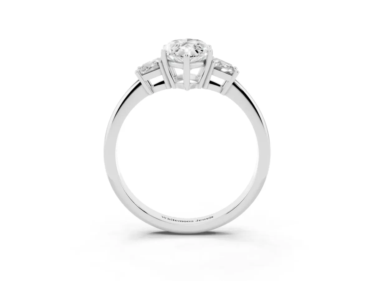 Marquise Cut Diamond Three-Stone Ring with Trapezoid Side Stones and Prong Setting Silver