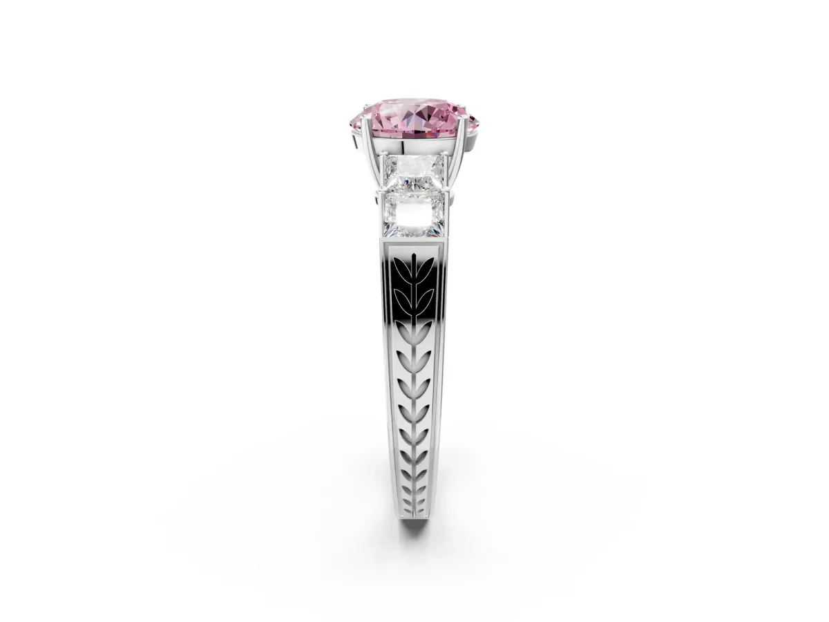 Fancy Pink Round Cut Solitaire Princess Side Stone Engraved Band Prong Setting Ring White gold