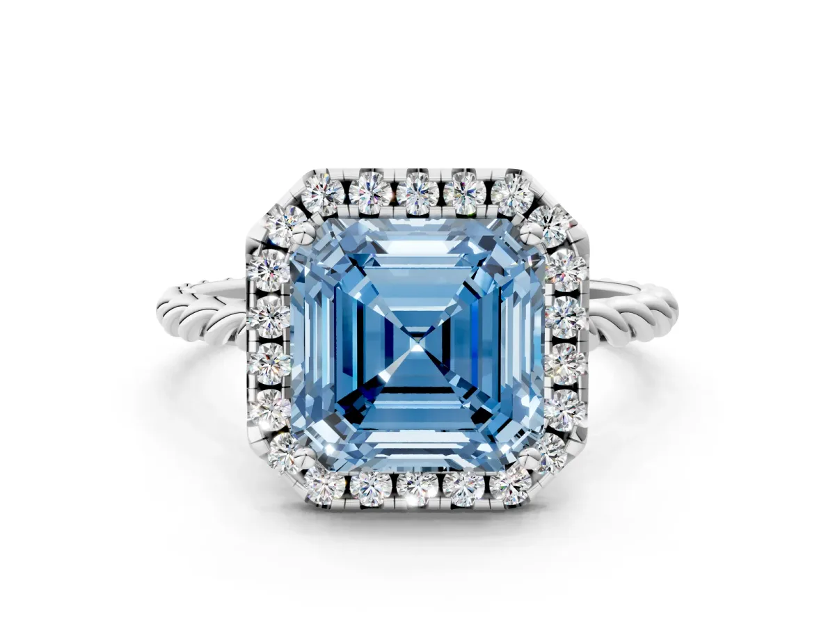 Fancy Blue Asscher Cut Halo Twisted Band Four-Prong Diamond Ring Platinum