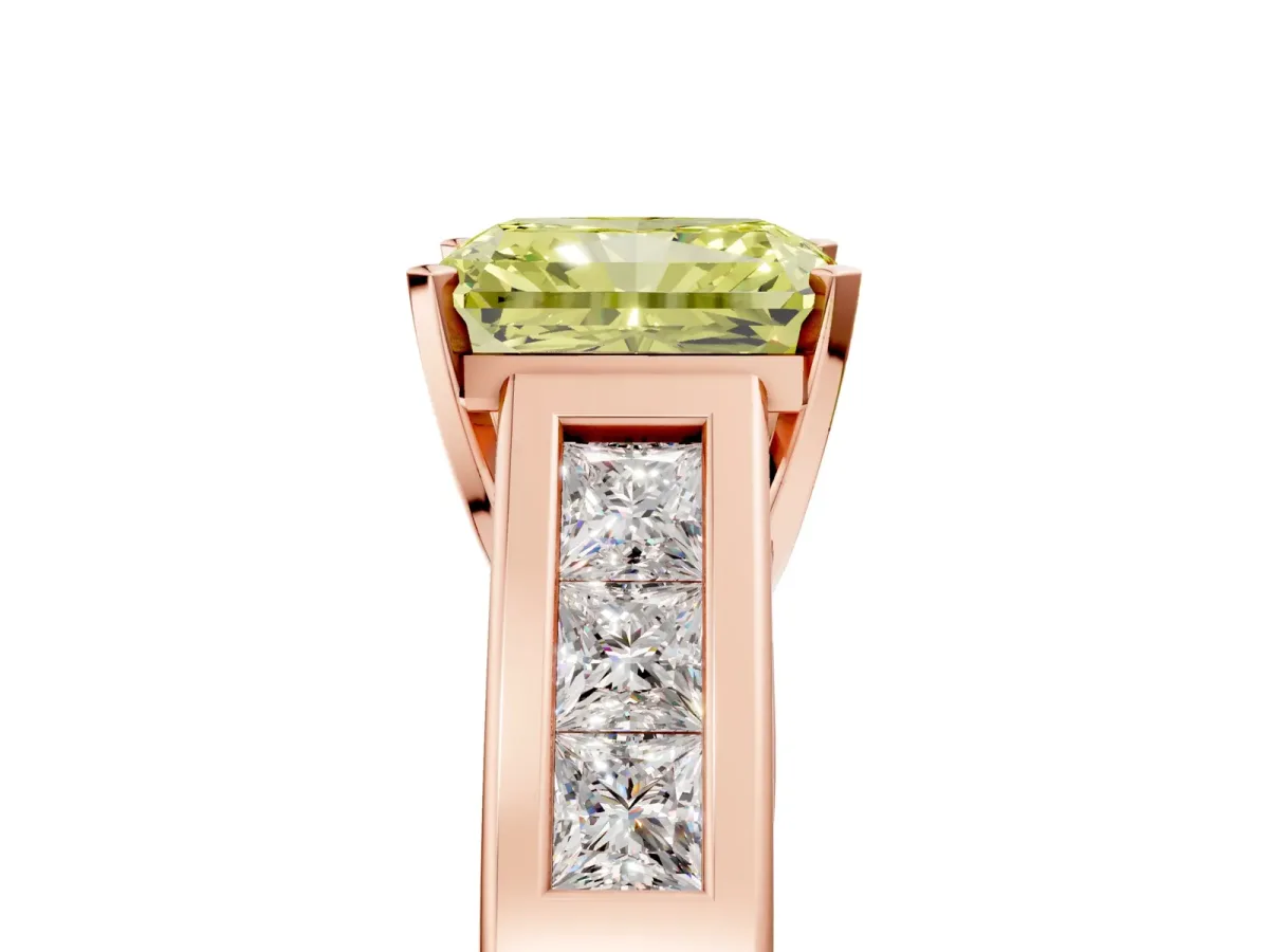 Fancy Yellow Radiant Cut Cut Channel Set Solitaire Ring with Four-Prong Setting Rose gold