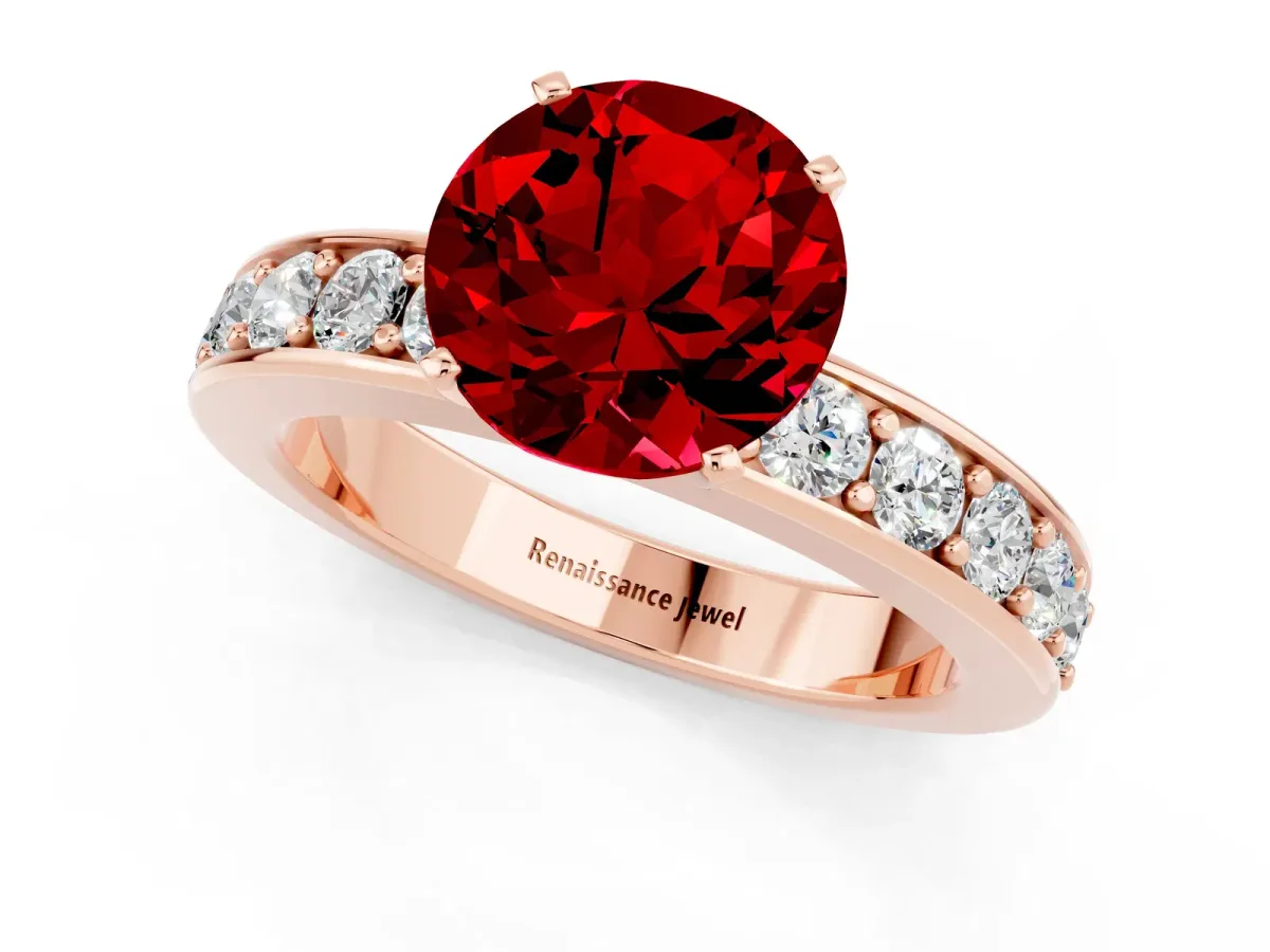 Round Cut Ruby Engagement Ring with Channel Set Round Band and Prong Setting Rose gold
