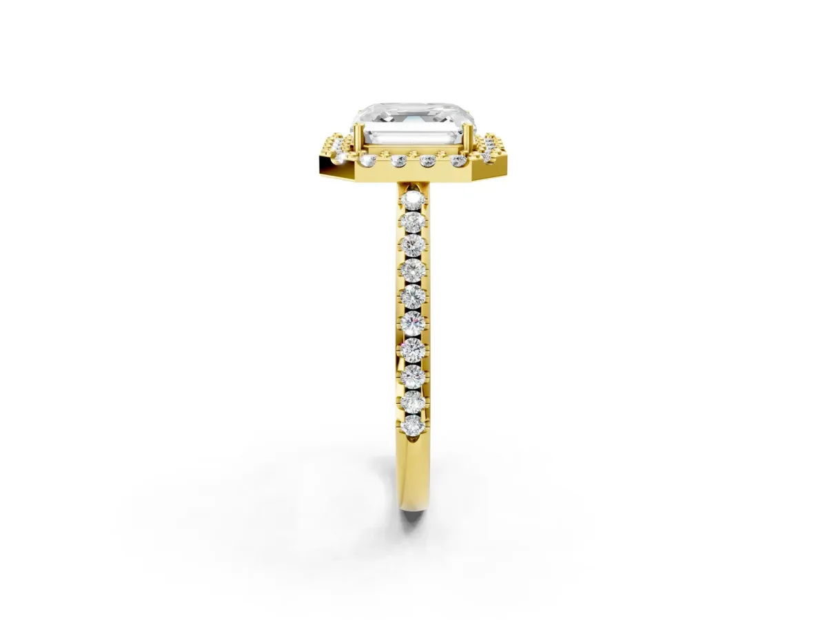 Asscher Cut Diamond Pavé Halo Ring with Four-Prong Setting Yellow gold