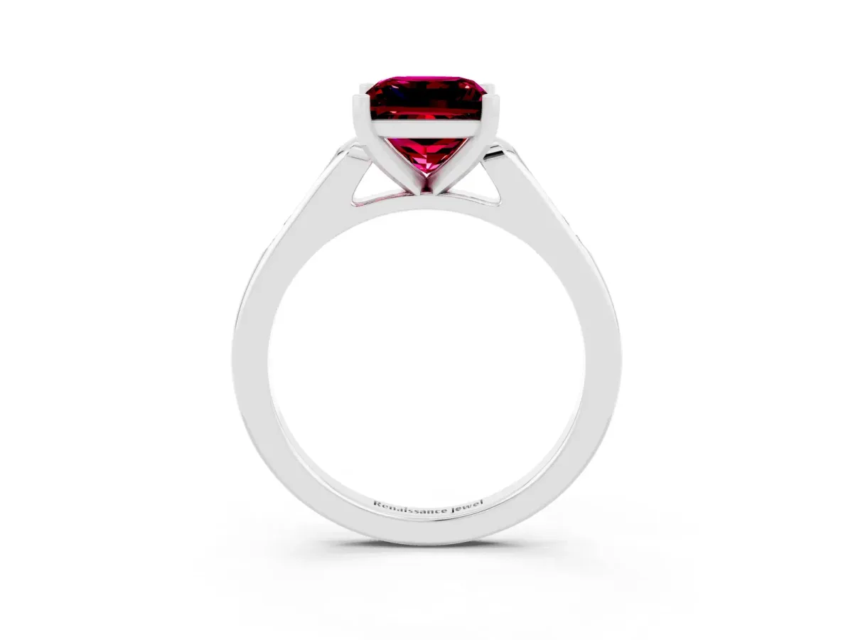 Princess Cut Garnet Solitaire Ring with Channel Set Round Band and Prong Setting Silver
