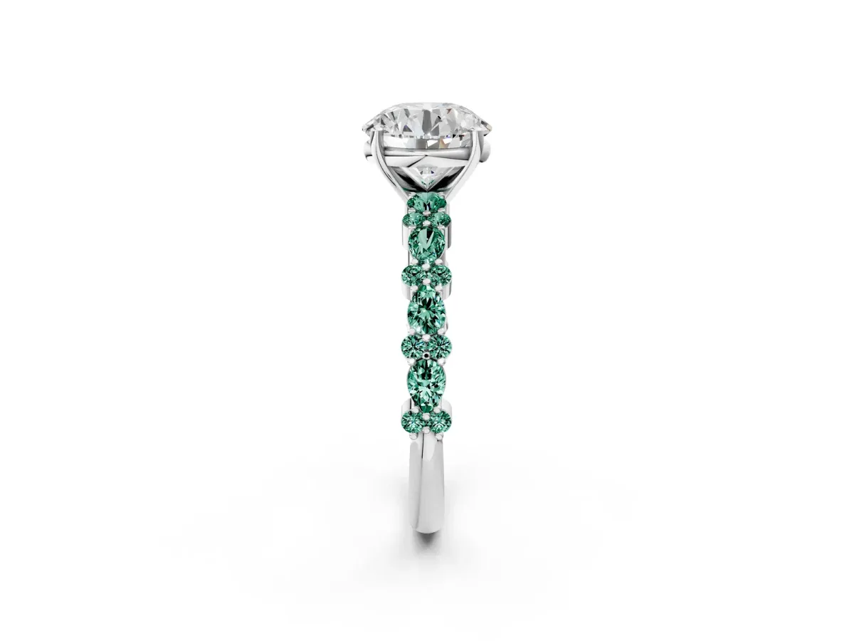 Round Cut Diamond Side Stone Solitaire Ring with Round Green Sapphire and Four-Prong Setting Silver