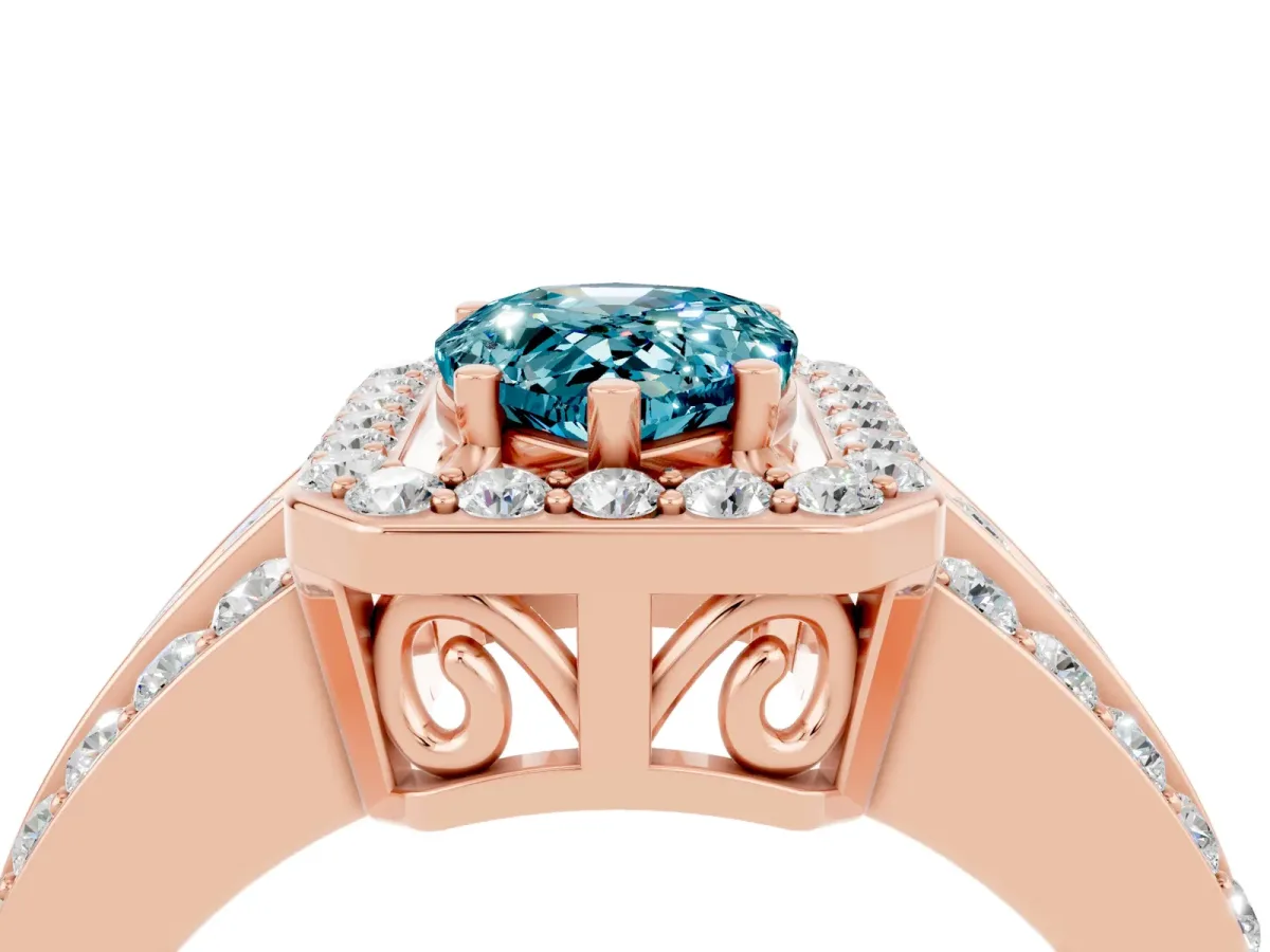 Pear Cut Halo Blue Topaz Ring with Round Split Shank and Prong Setting Rose gold