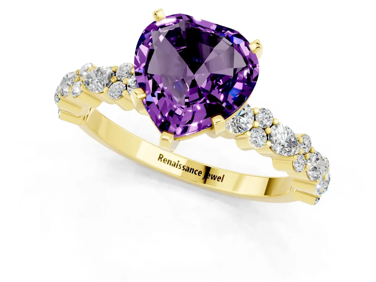 Heart Cut Amethyst Side Stone Solitaire Ring with Round and Four-Prong Setting Yellow gold