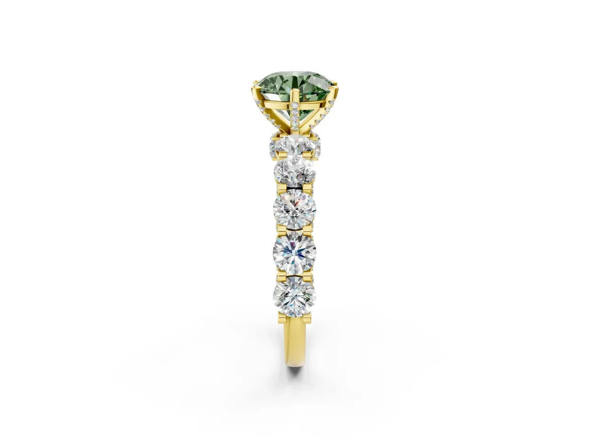 Fancy Green Round Cut Diamond Side Stone Engagement Ring with Four-Prong Setting Yellow gold