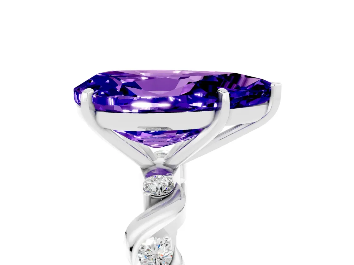 Pear Cut Tanzanite Solitaire Twisted Band with Round Accents and Prong Setting Silver