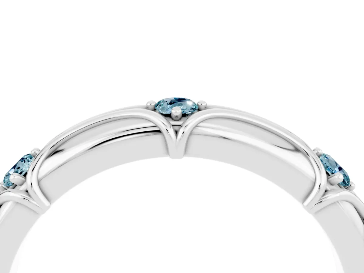 Round Aquamarine Prong Set Milgrain Eternity Band Silver