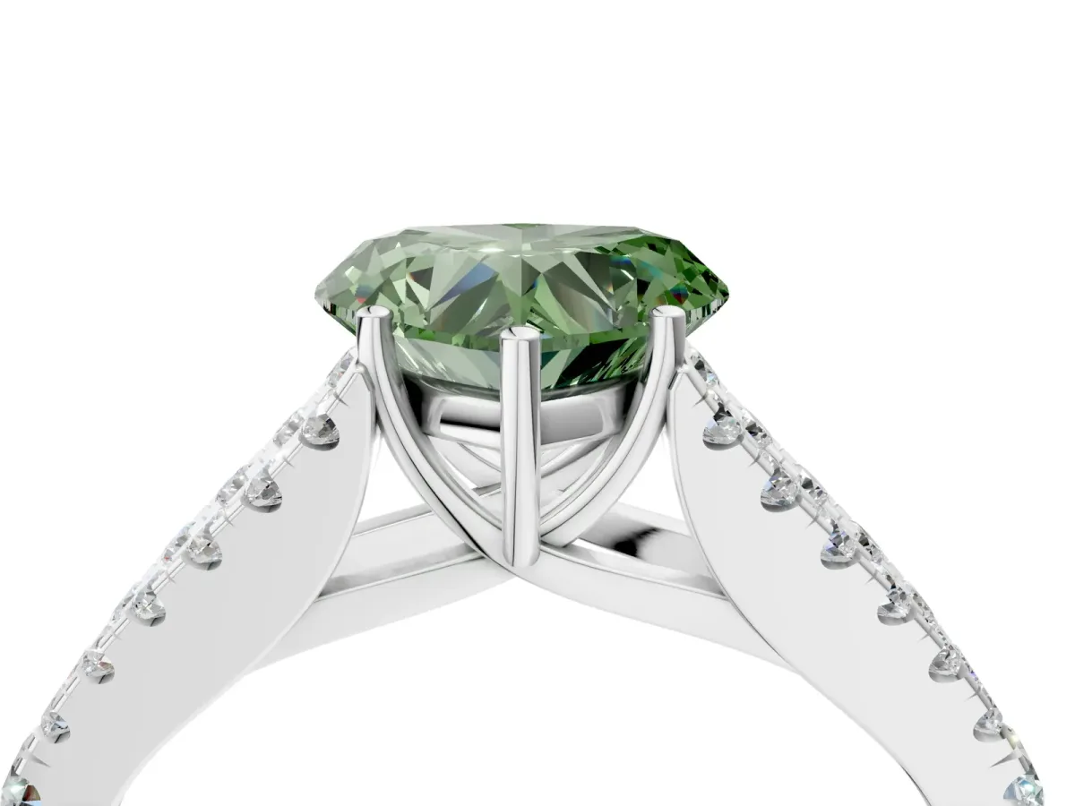 Fancy Green Heart Cut Diamond Split Shank Pavé Engagement Ring with Four-Prong Setting White gold