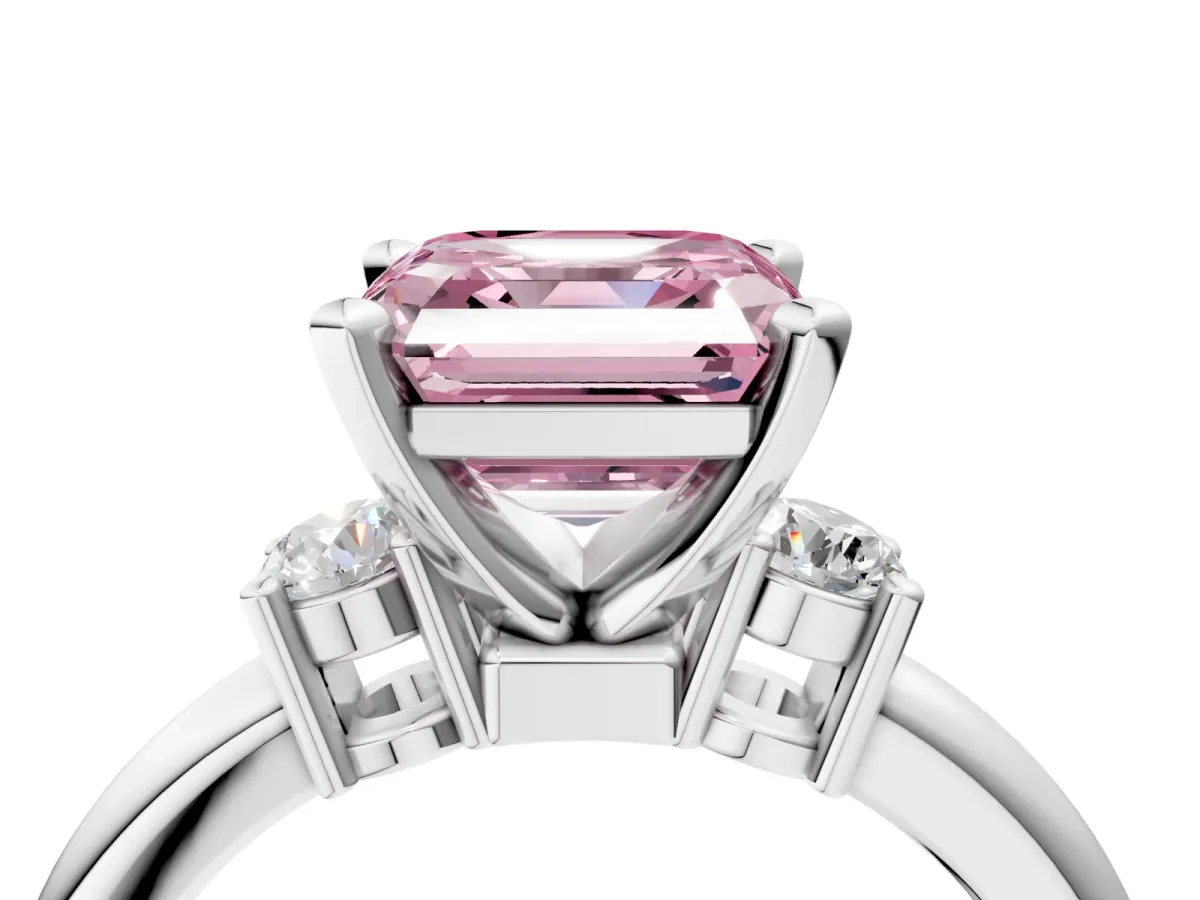 Fancy Pink Three-Stone Asscher Cut Cut Diamond Solitaire with Prong Setting and Classic Band Platinum
