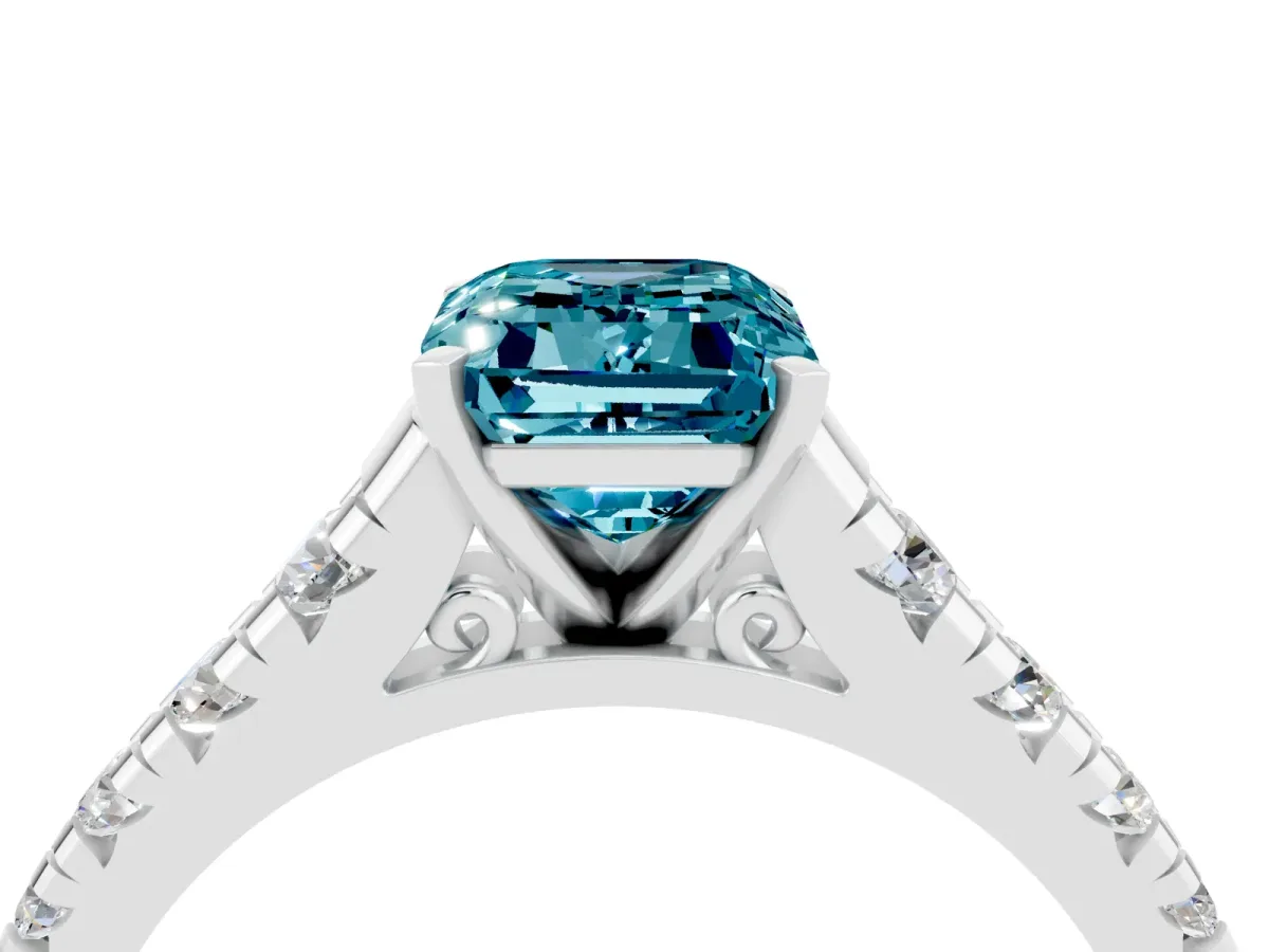 Emerald Cut Blue Topaz Cathedral Solitaire Ring with Round Pavé Band Platinum