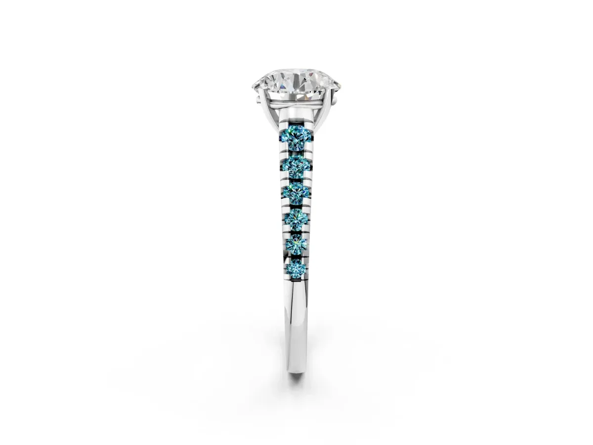 Round Cut Diamond Cathedral Solitaire Ring with Round Blue Topaz Pavé Band Silver
