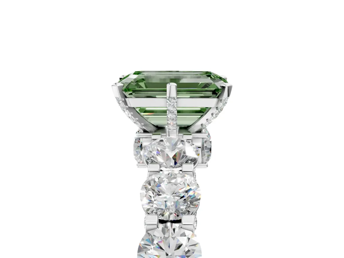 Fancy Green Emerald Cut Diamond Side Stone Engagement Ring with Four-Prong Setting White gold