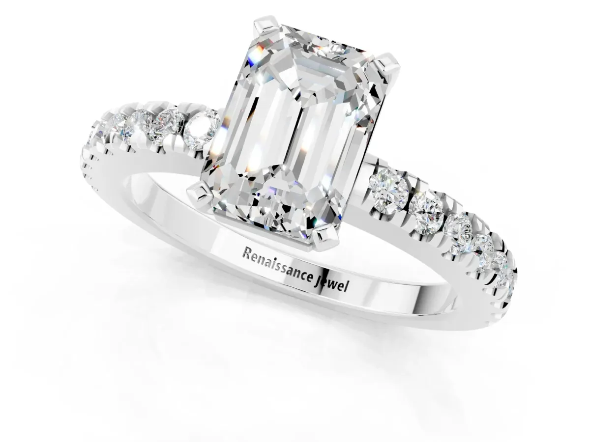 Emerald Cut Solitaire Moissanite with Pavé Band and Four-Prong Setting Silver