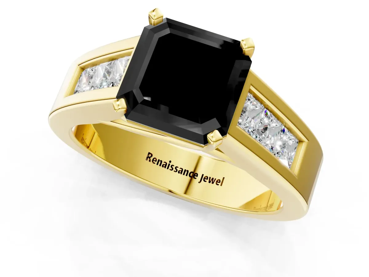 Fancy Black Asscher Cut Cut Channel Set Solitaire Ring with Four-Prong Setting Yellow gold