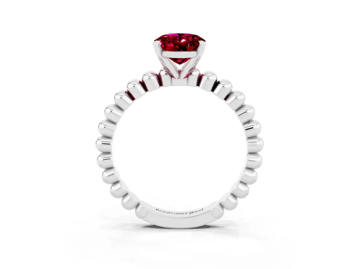 Oval Cut Garnet Solitaire Ring with Beaded Band and Prong Setting Platinum