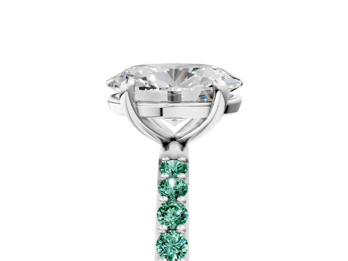 Oval Cut Diamond Solitaire Ring with Round Green Sapphire Pavé Band and Prong Setting Silver