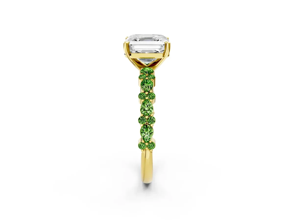 Asscher Cut Diamond Side Stone Solitaire Ring with Round Peridot and Four-Prong Setting Yellow gold