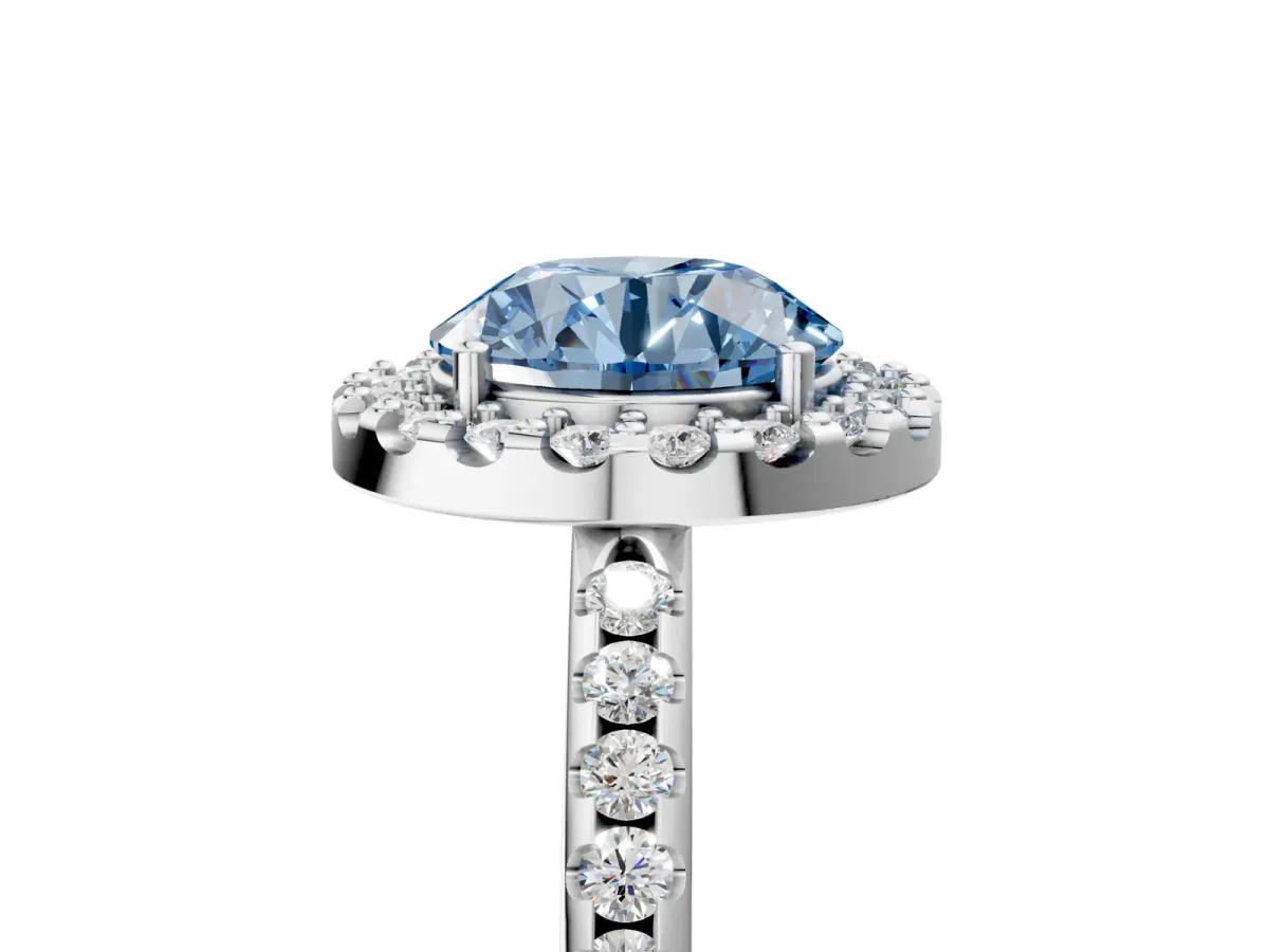 Fancy Blue Round Cut Diamond Pavé Halo Ring with Four-Prong Setting Platinum