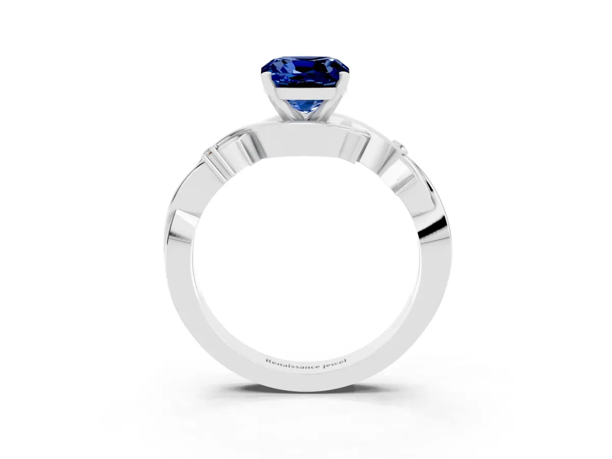 Cushion Cut Blue Sapphire Solitaire Ring with Twisted Band and Prong Setting Silver