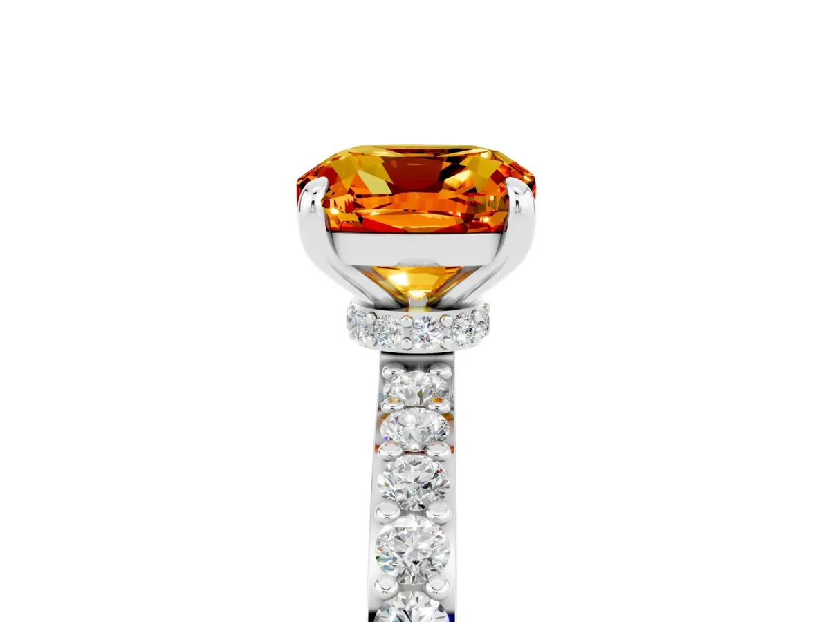 Cushion Cut Citrine Solitaire Engagement Ring with Pavé Band and Four-Prong Setting Silver
