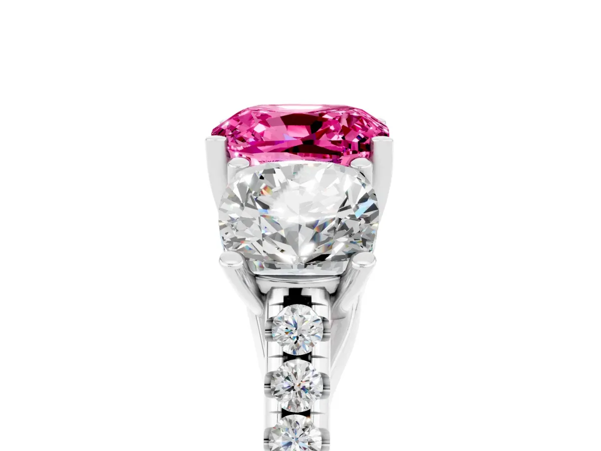 Three-Stone Cushion Cut Pink Sapphire Ring with Round Pavé Band and Prong Setting Silver