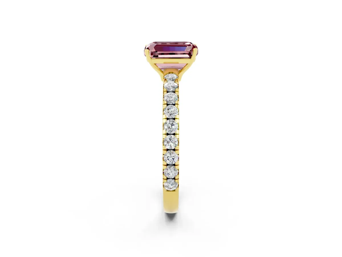 Emerald Cut Morganite Pavé Solitaire Engagement Ring with Four-Prong Setting Yellow gold