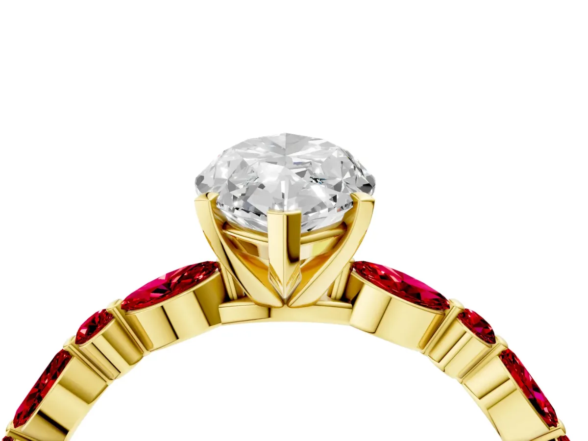 Marquise Cut Diamond Ring with Marquise and Round Ruby Side Stones and Four-Prong Setting Yellow gold