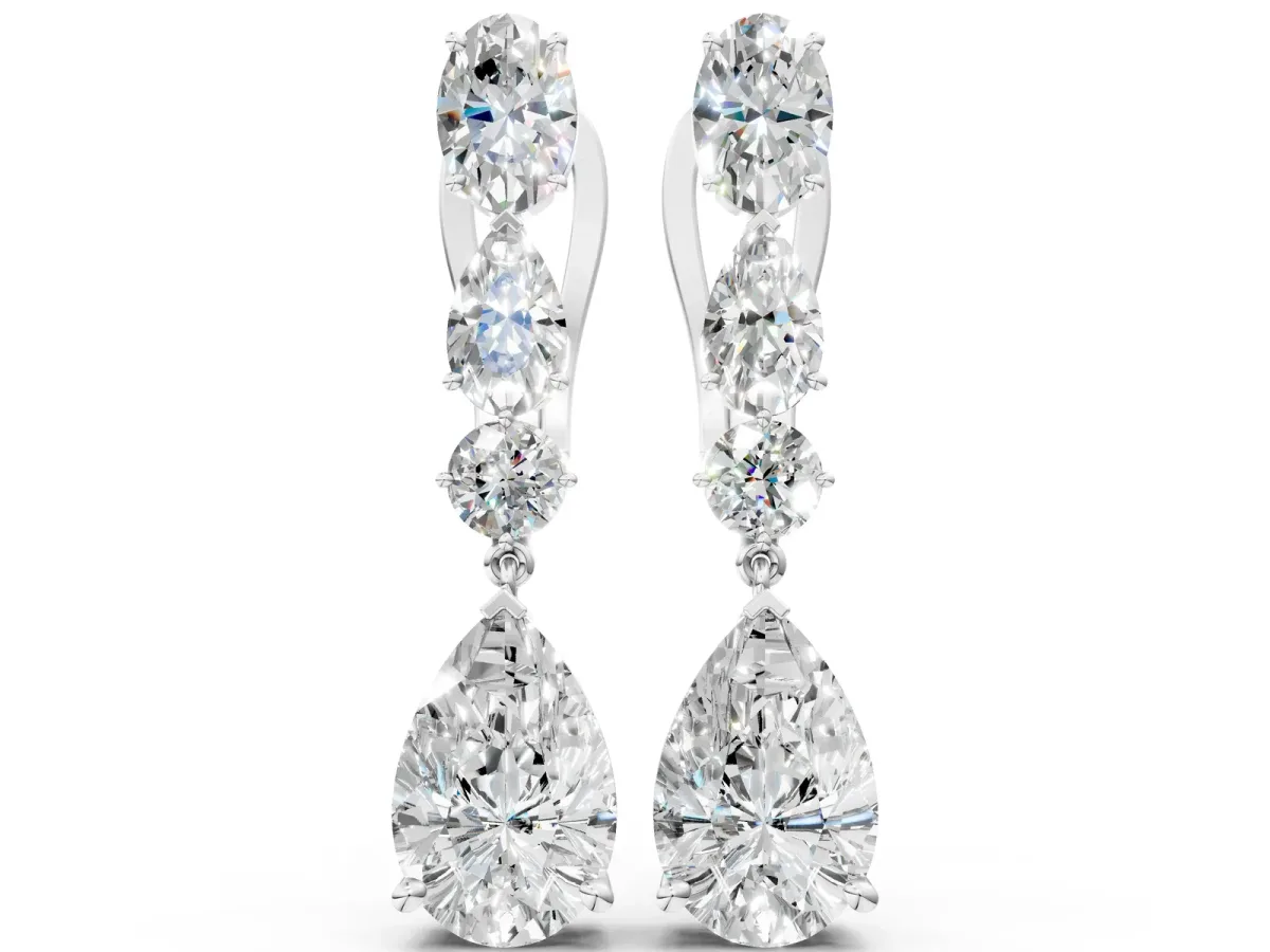 Oval, Pear and Round Diamond Huggie Drop Earrings White gold