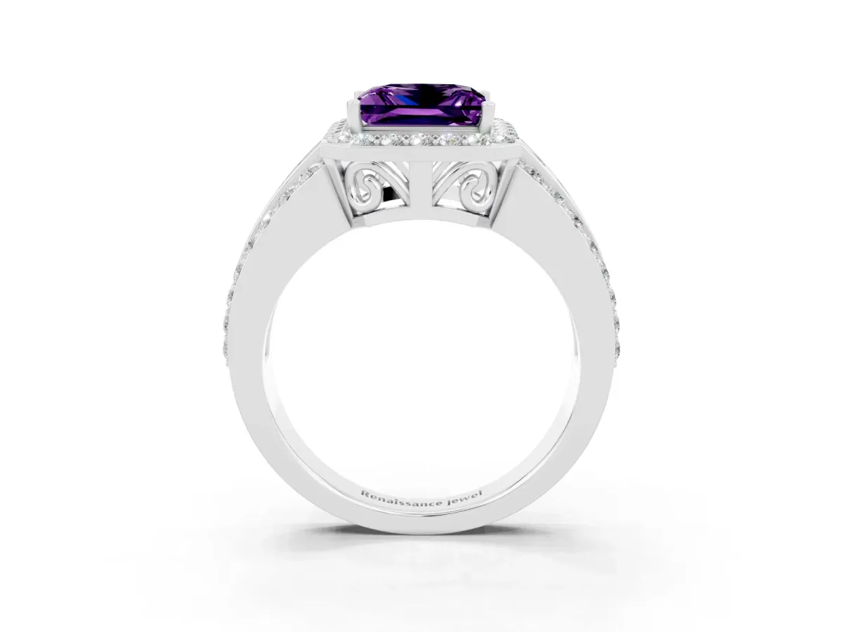 Princess Cut Halo Amethyst Ring with Round Split Shank and Prong Setting Silver