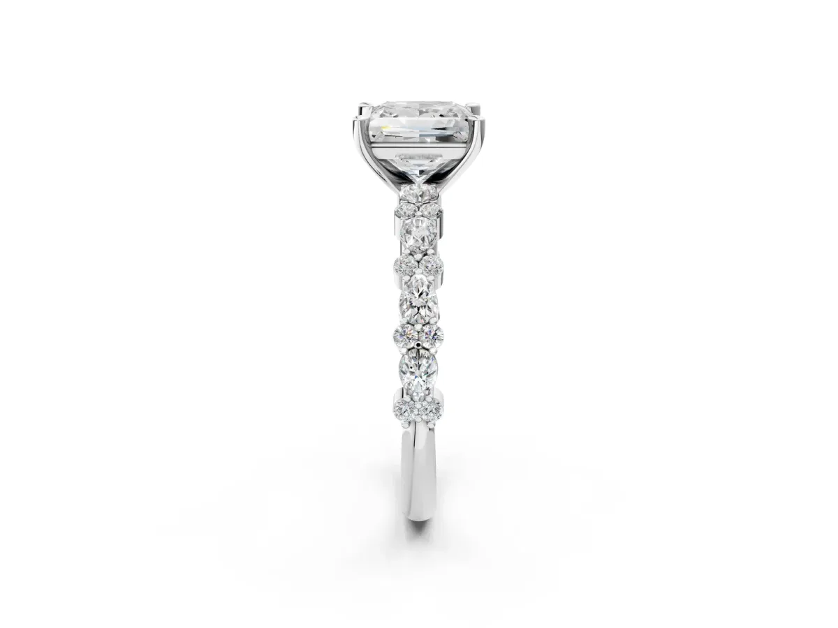 Princess Cut Diamond Side Stone Solitaire Ring with Round Moissanite and Four-Prong Setting Silver