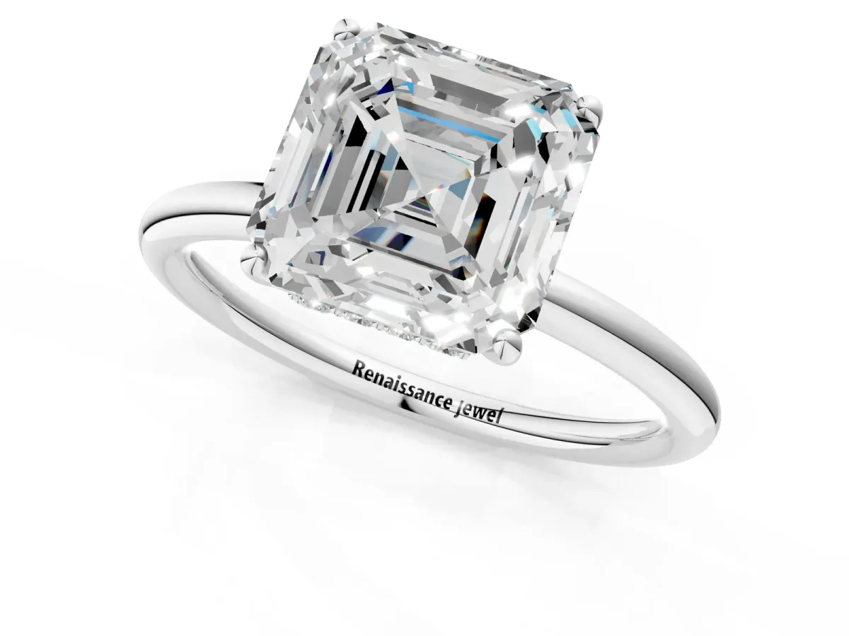 Asscher Cut Solitaire Diamond Ring with a Classic Band and Four-Prong Setting Platinum