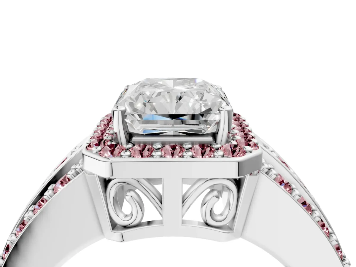 Radiant Cut Halo Diamond Ring with Round Morganite Split Shank and Prong Setting Silver