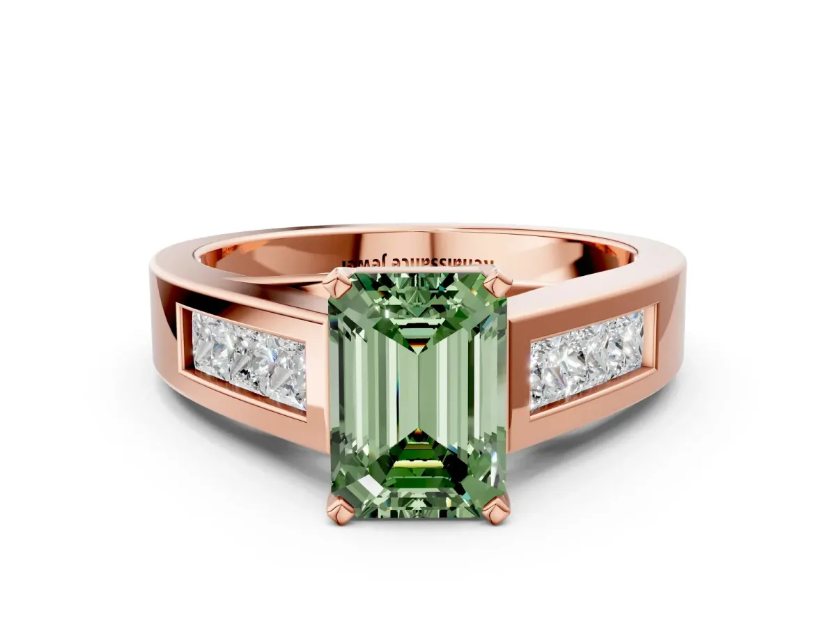Fancy Green Emerald Cut Cut Channel Set Solitaire Ring with Four-Prong Setting Rose gold