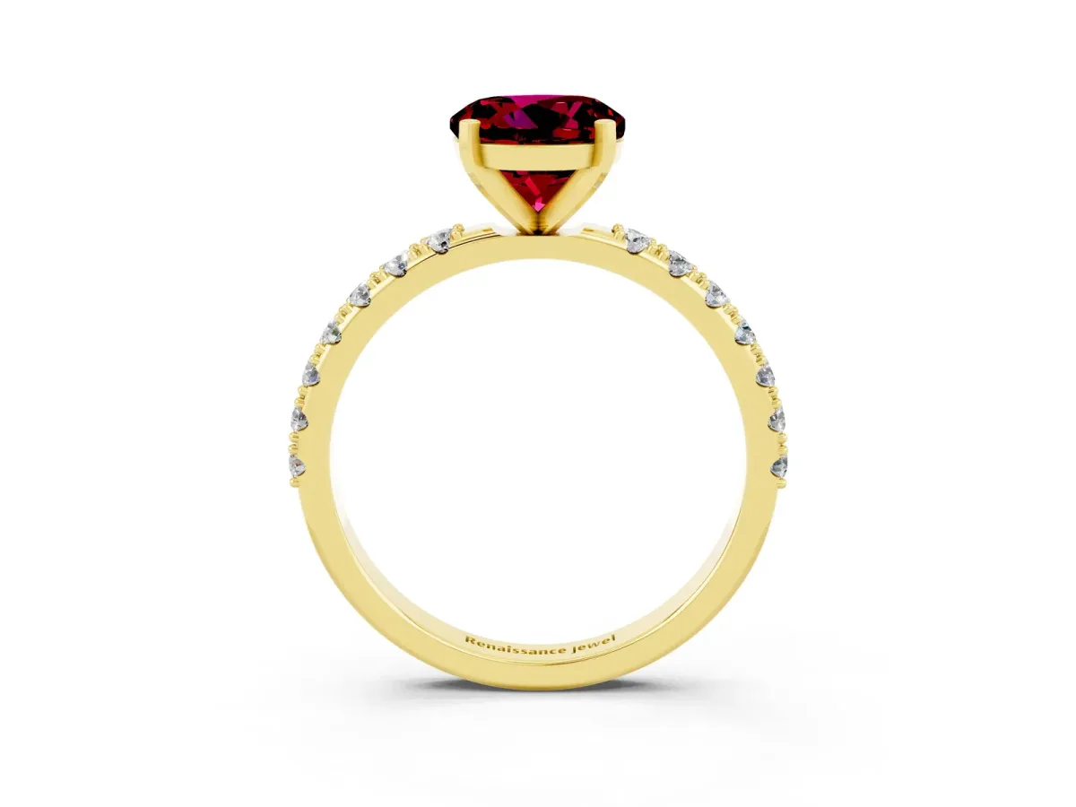 Round Cut Garnet Solitaire Pavé Band with Four-Prong Setting Yellow gold