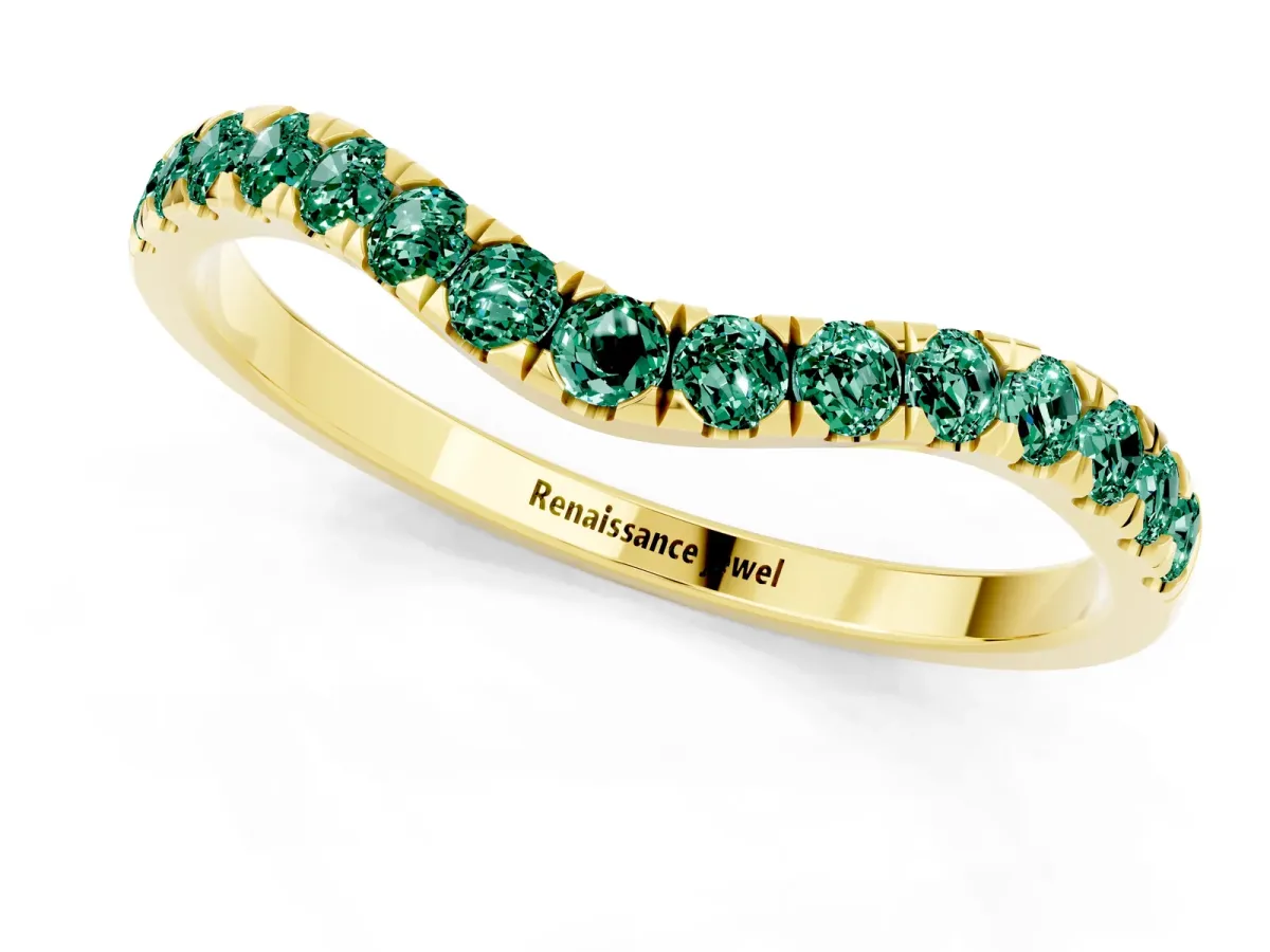 Curved Pavé Round Green Sapphire Wedding Band with Shared Prong Setting Yellow gold