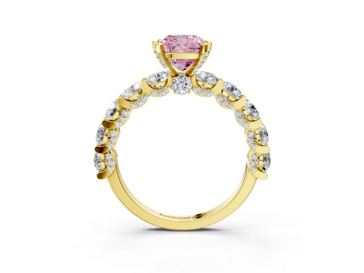 Fancy Pink Cushion Cut Diamond Side Stone Engagement Ring with Four-Prong Setting Yellow gold