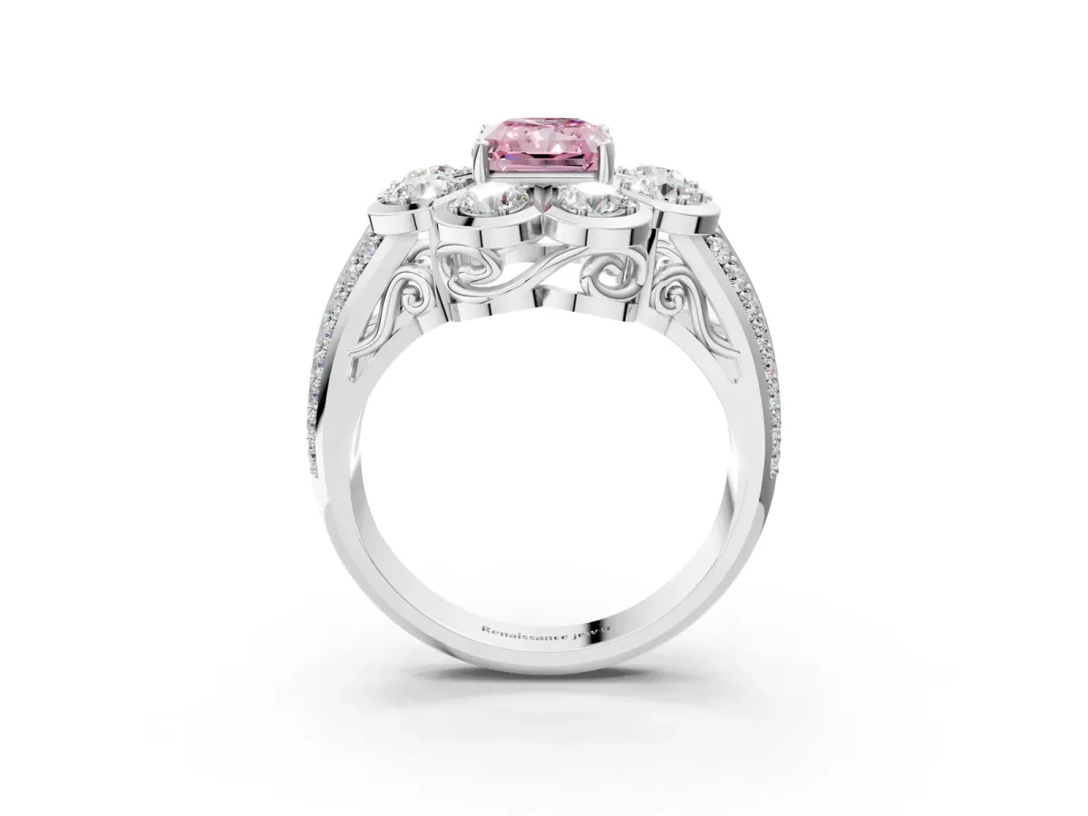 Fancy Pink Radiant Cut Brilliant Flower Halo Diamond Split Shank Ring Platinum