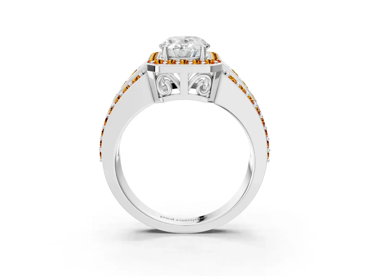 Oval Cut Halo Diamond Ring with Round Citrine Split Shank and Prong Setting Platinum