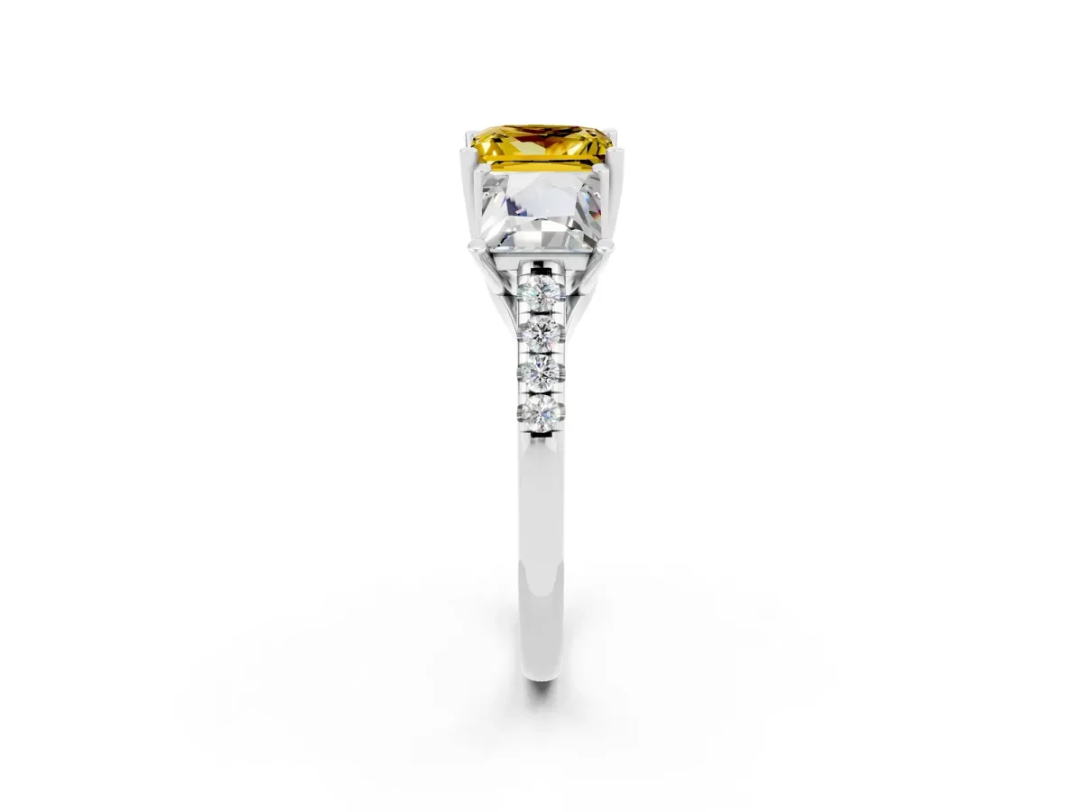 Three-Stone Princess Cut Yellow Sapphire Ring with Round Pavé Band and Prong Setting Silver