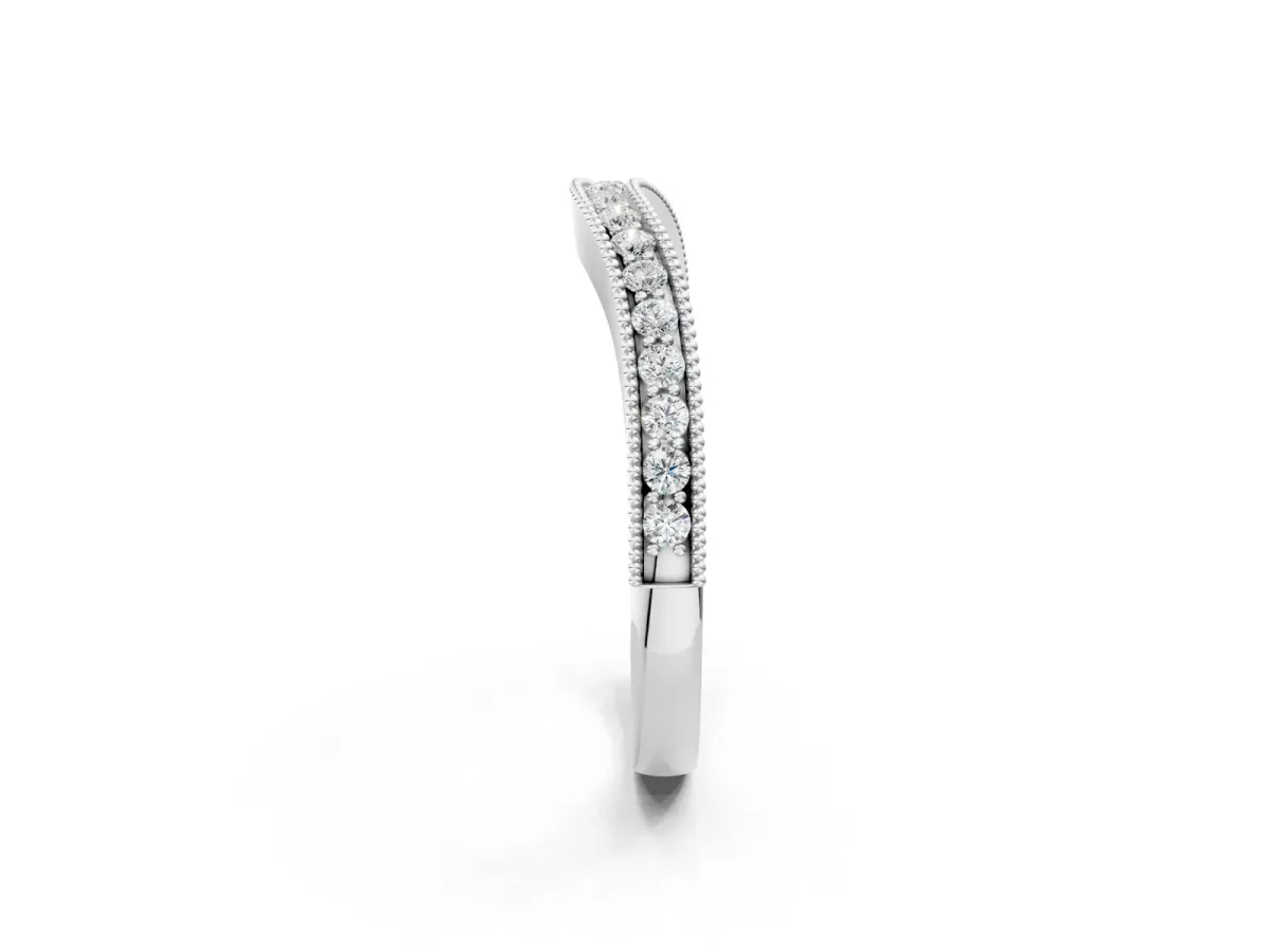 Round Brilliant Milgrain Bezel Set Diamond Wave Band White gold