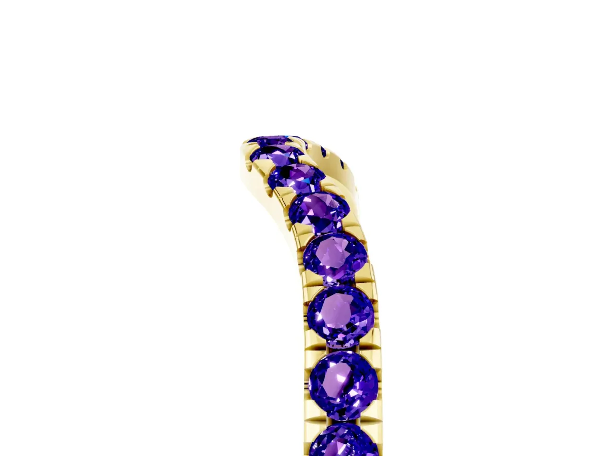 Curved Pavé Round Tanzanite Wedding Band with Shared Prong Setting Yellow gold