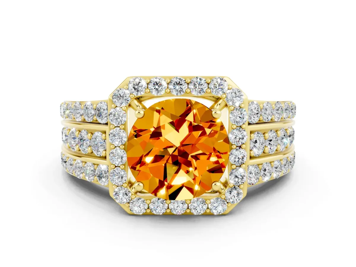 Round Cut Halo Citrine Ring with Round Split Shank and Prong Setting Yellow gold