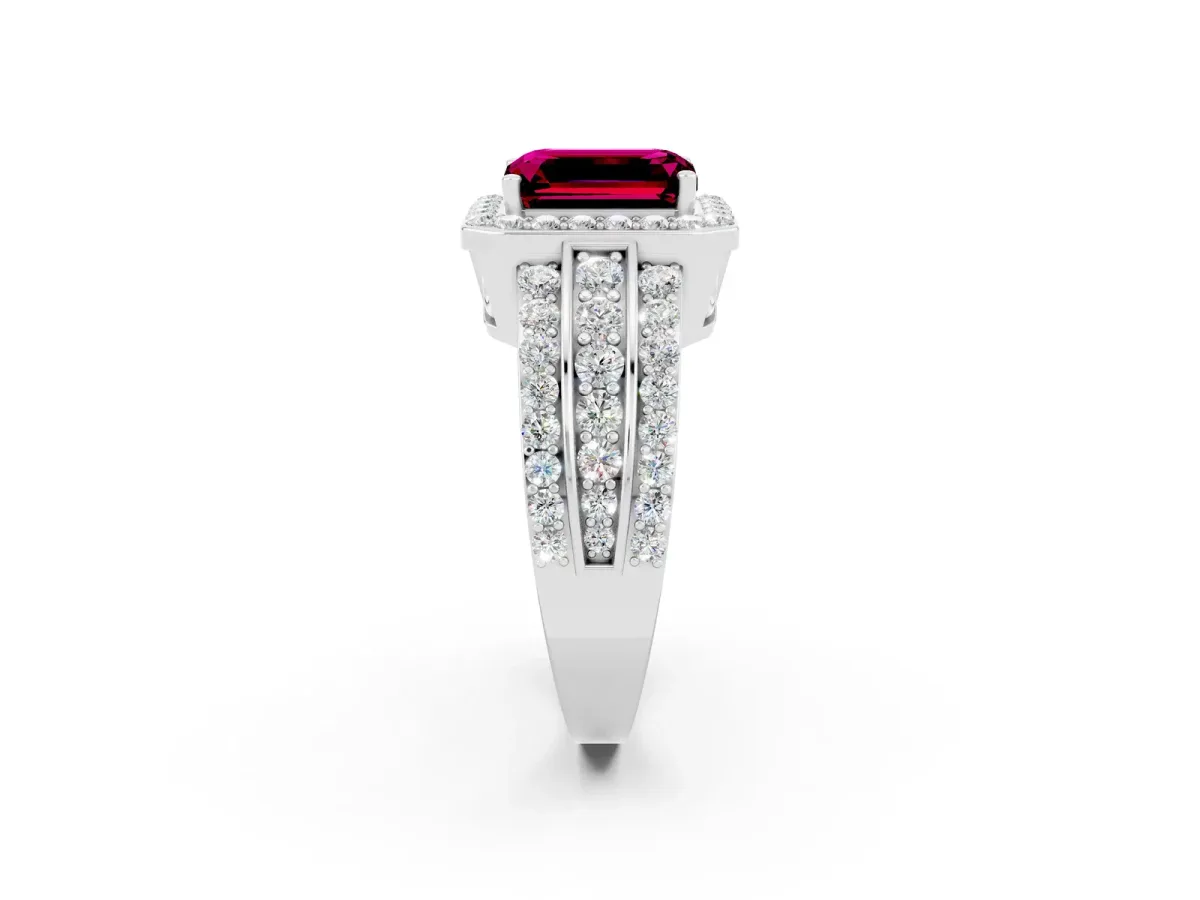 Emerald Cut Halo Garnet Ring with Round Split Shank and Prong Setting Platinum
