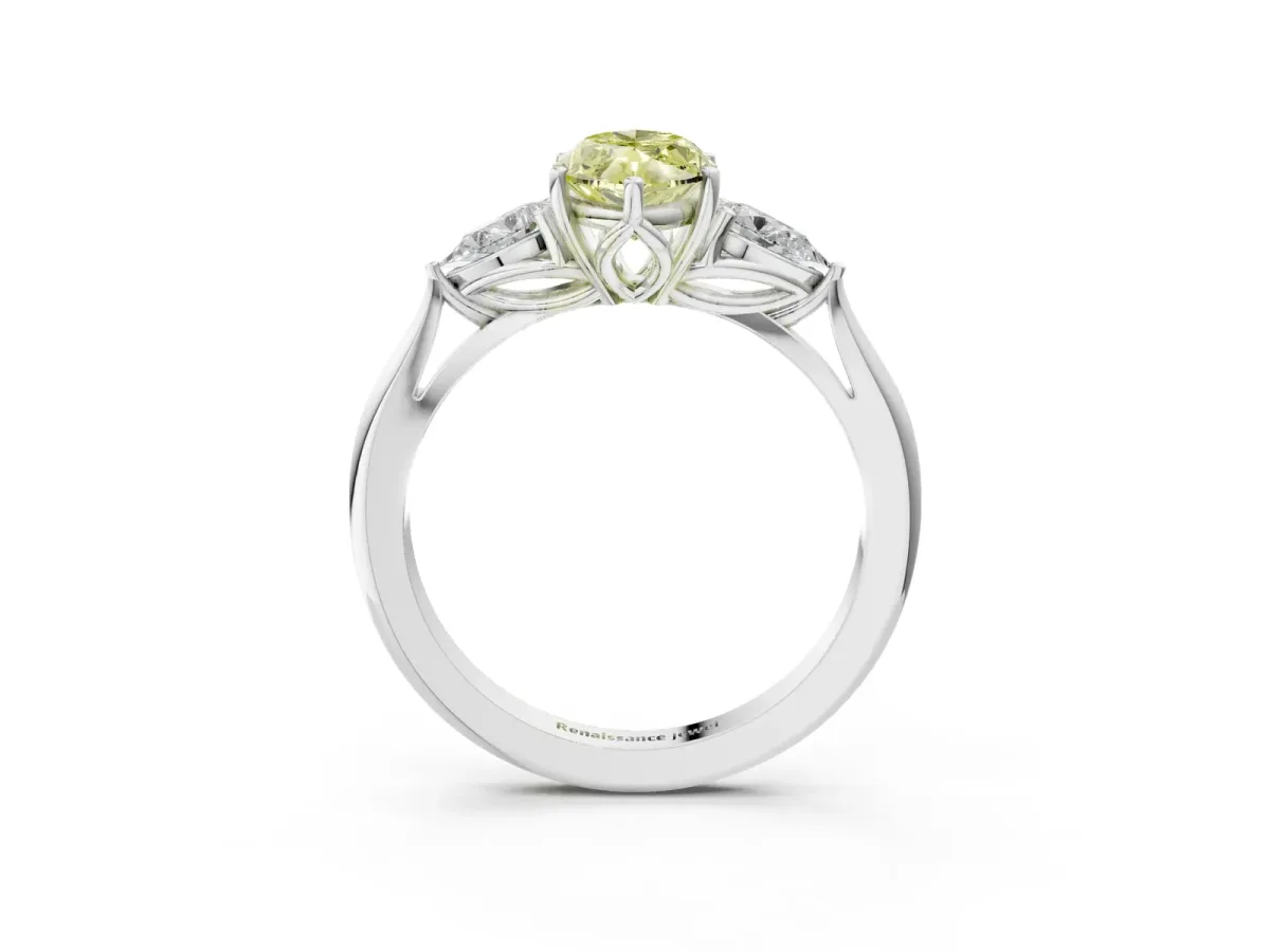 Fancy Yellow Marquise Cut Diamond Three-Stone Ring with Pear Side Stones and Prong Setting White gold