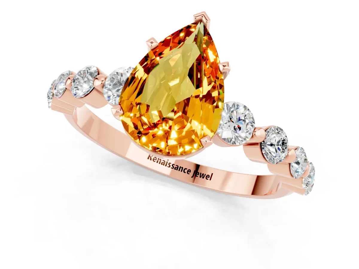 Pear Cut Solitaire Citrine Ring with Pave Band and Four-Prong Setting Rose gold