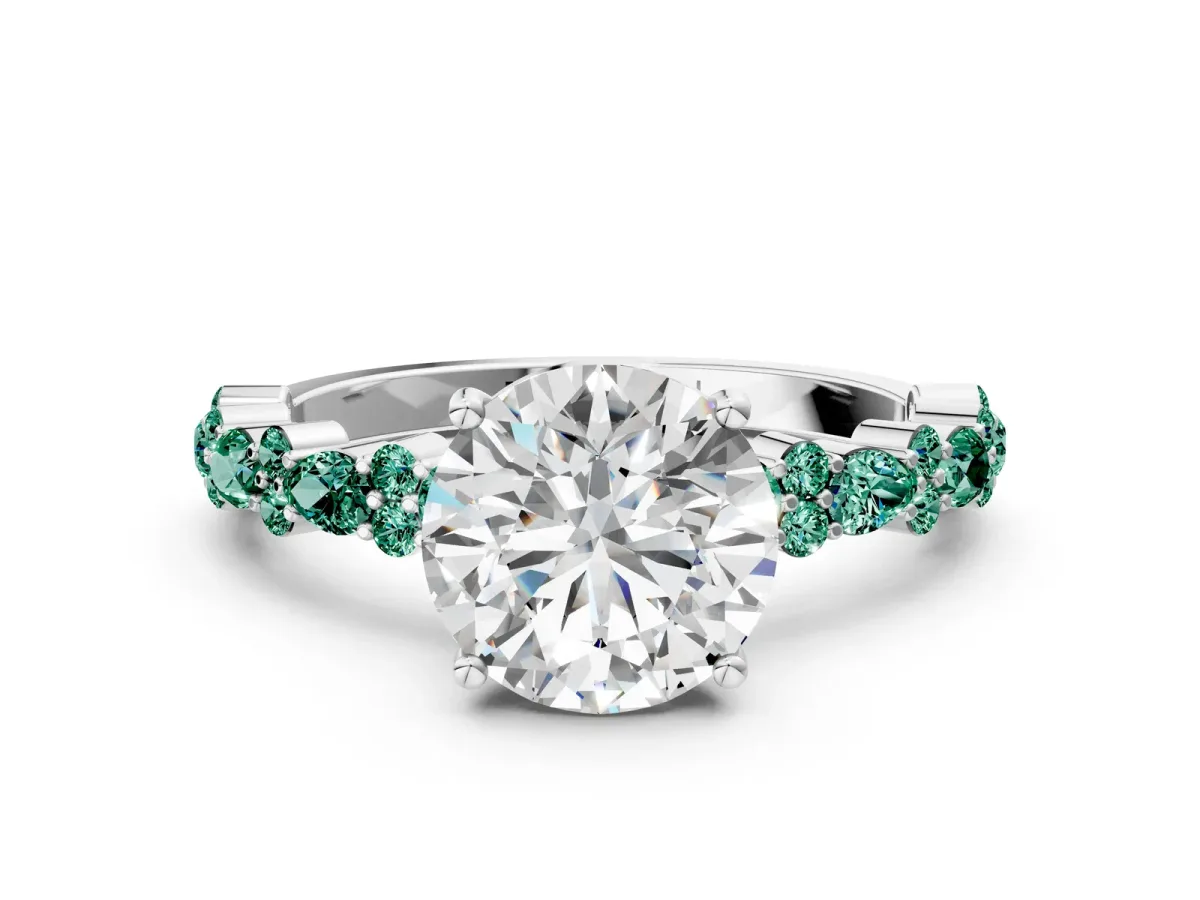 Round Cut Diamond Side Stone Solitaire Ring with Round Green Sapphire and Four-Prong Setting Silver